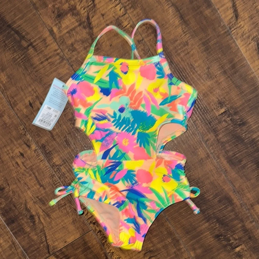 Cat & Jack Yellow and Pink One Piece Swimsuit with Tropical Print